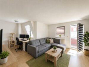Wohnzimmer mit grauem Sofa und Balkonzugang
