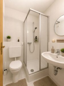 Badezimmer mit Dusche, Toilette und rundem Spiegel