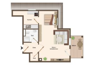 Grundriss einer Einzimmerwohnung mit separater Küche, Bad und Balkon
