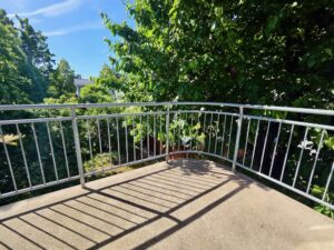 Sonniger Balkon mit Metallgeländer und Blick auf Bäume