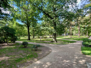 Park mit geschwungenen Wegen und großen Bäumen