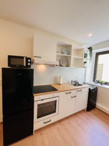 Kompakte weiße Küche mit dunklem Kühlschrank