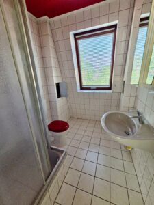 Kleines gefliestes Badezimmer mit Dusche, Waschbecken, Toilette und Fenster