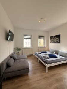 Wohn- und Schlafraum einer Ferienwohnung mit Doppelbett und Sofa