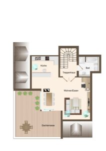 Grundriss der oberen Wohnebene mit Wohnbereich und Dachterrasse