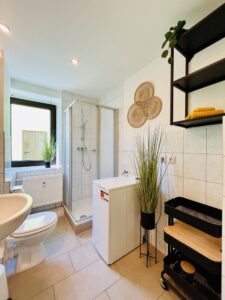 Badezimmer mit Dusche, Waschbecken und offenem Regal