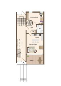 Grundriss des Erdgeschosses mit Wendeltreppe, Wohnbereich, Küche und Balkon